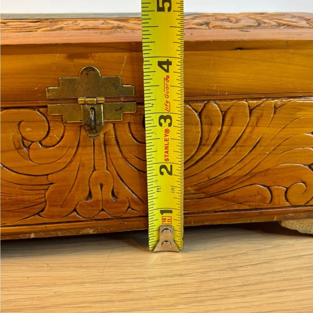 Vintage Hand-Carved Wooden Dovetail  Box Scenic Inlay Mirror -‎ Honey Brown
